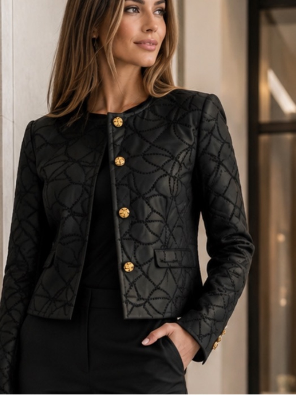 New bagatelle Black Patterned Leather Jacket with Gold Buttons size L, M